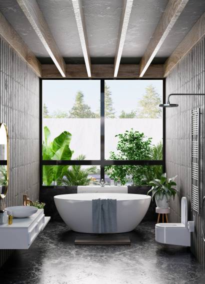 Modern Bathroom interior design on dark color wall,3d rendering